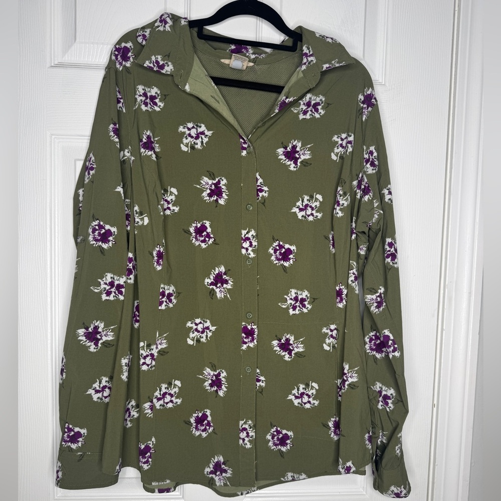 Duluth Trading‎ SIDEWINDER Duluthflex Green and Purple Floral Shirt Size XXL